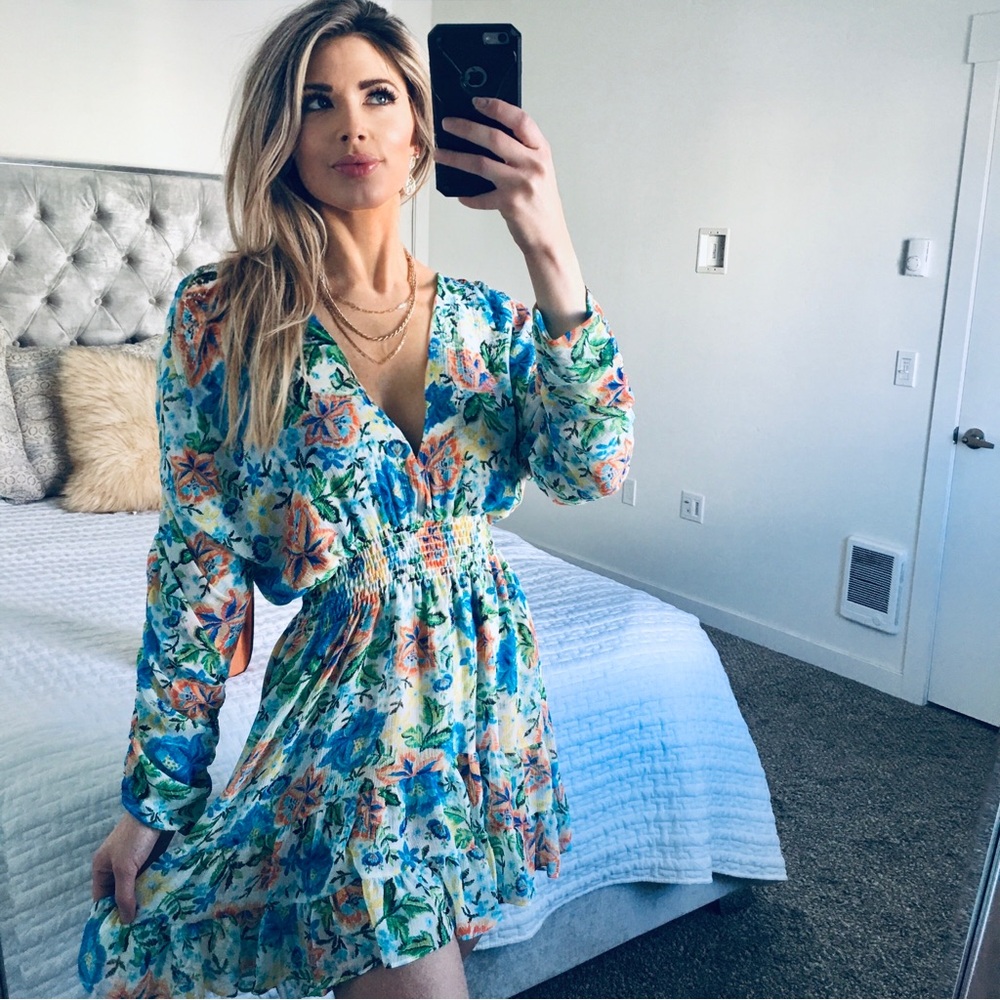 Misa Los Angeles Floral Blue and Green Dress